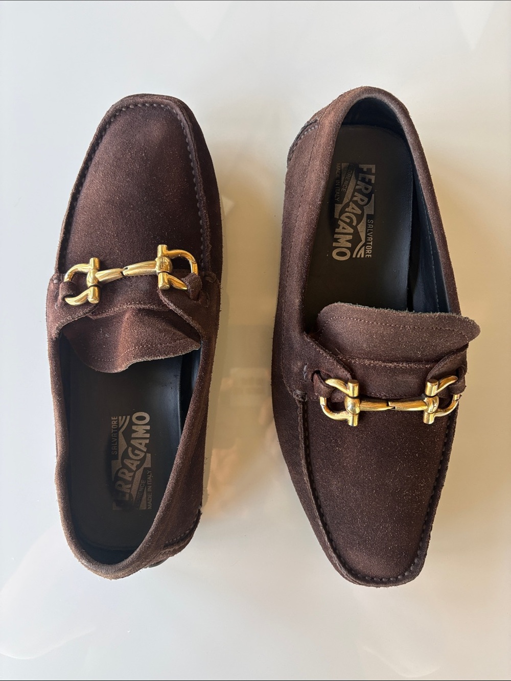 Salvatore Ferragamo Dark Brown Suede Bit Loafers with Gold Hardware